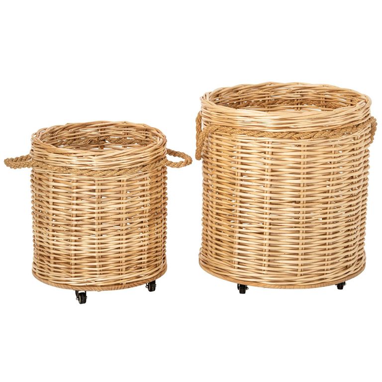 Flowerpot Storage Basket - Set of 2 - Round - On Wheels - Natural - Wicker and Bamboo Wood
