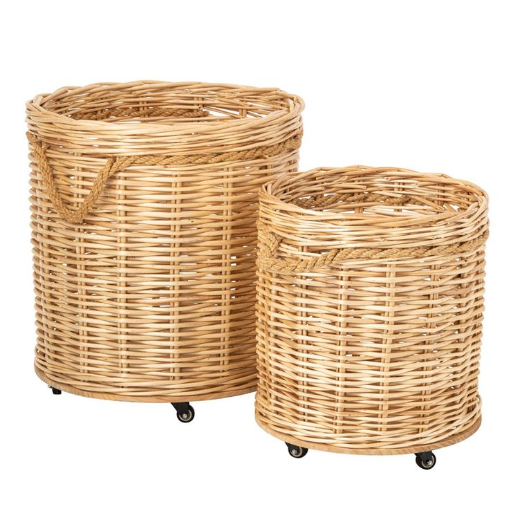 Flowerpot Storage Basket - Set of 2 - Round - On Wheels - Natural - Wicker and Bamboo Wood