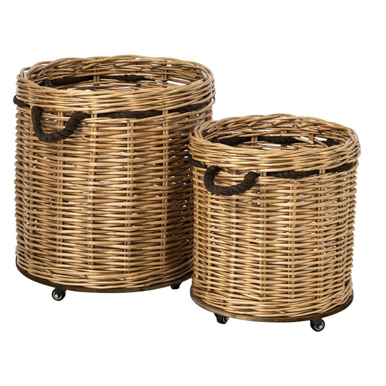 Flowerpot Storage Basket - Set of 2 - Round - On Wheels - Natural and Grey - Wicker and Bamboo Wood