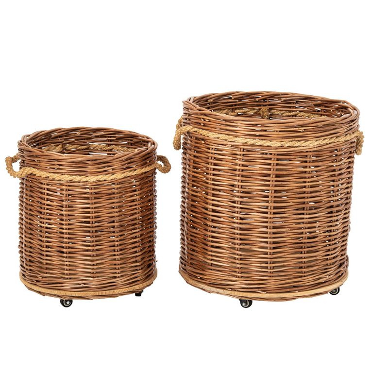 Flowerpot Storage Basket - Set of 2 - Round - On Wheels - Rust Brown and Natural - Wicker and Bamboo Wood
