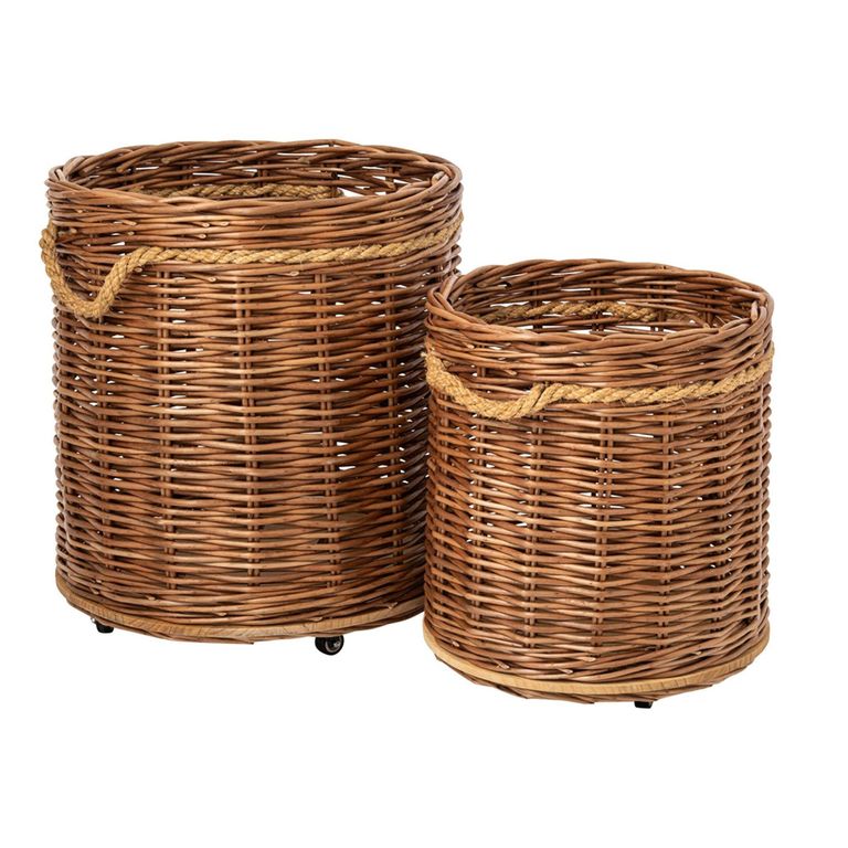 Flowerpot Storage Basket - Set of 2 - Round - On Wheels - Rust Brown and Natural - Wicker and Bamboo Wood