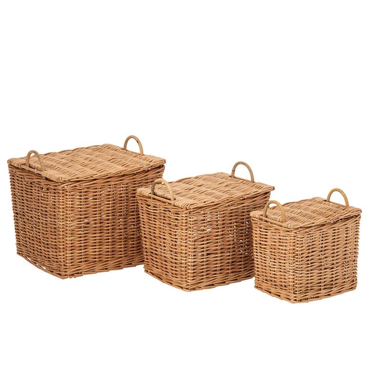 Storage Basket - Set of 3 - with Handles - Natural - Wicker and Bamboo Wood