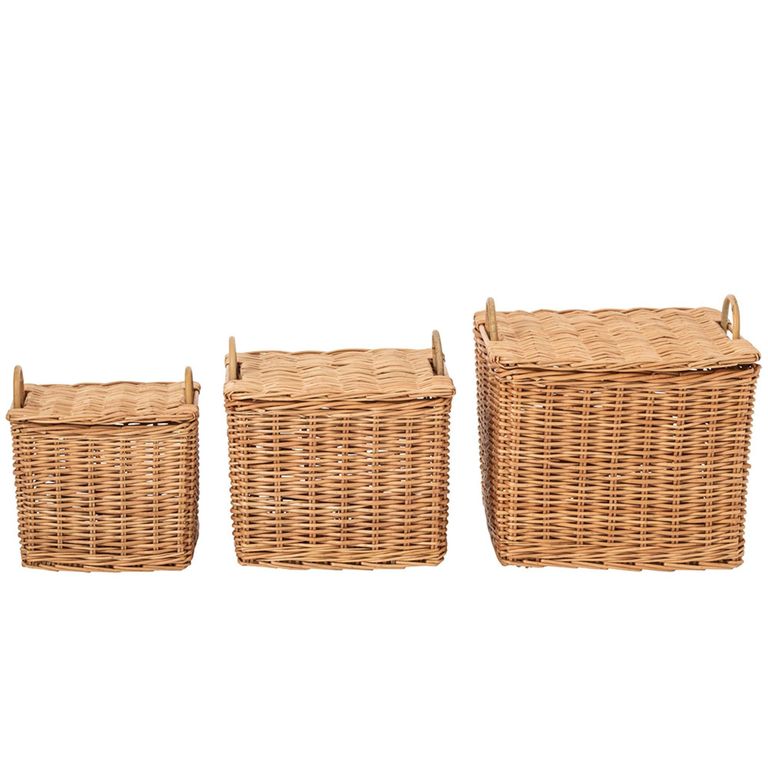 Storage Basket - Set of 3 - with Handles - Natural - Wicker and Bamboo Wood