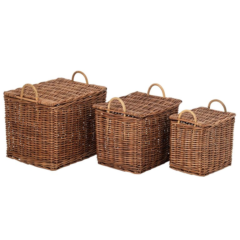 Storage Basket - Set of 3 - with Handles - Rust Brown and Natural - Wicker and Bamboo Wood