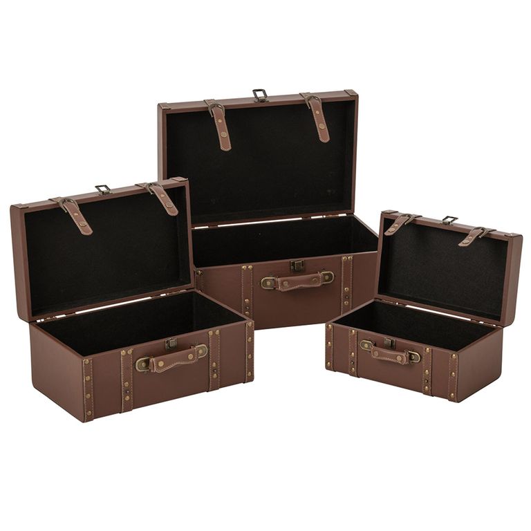Storage Box - Set of 3 - Brown - Leather and Wood