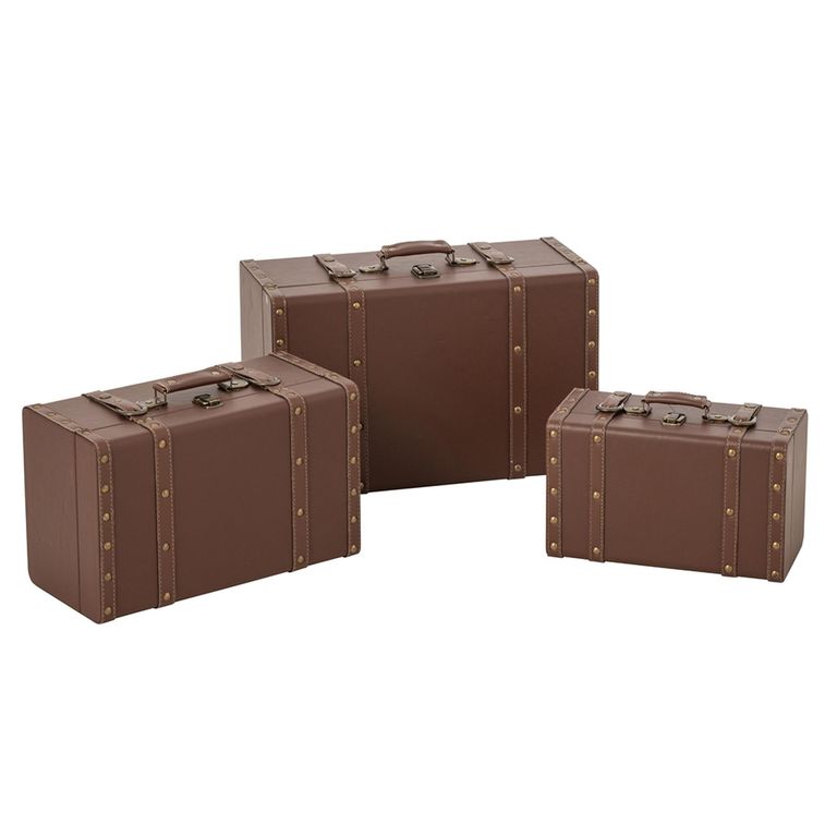 Storage Box - Set of 3 - Brown - Leather and Wood