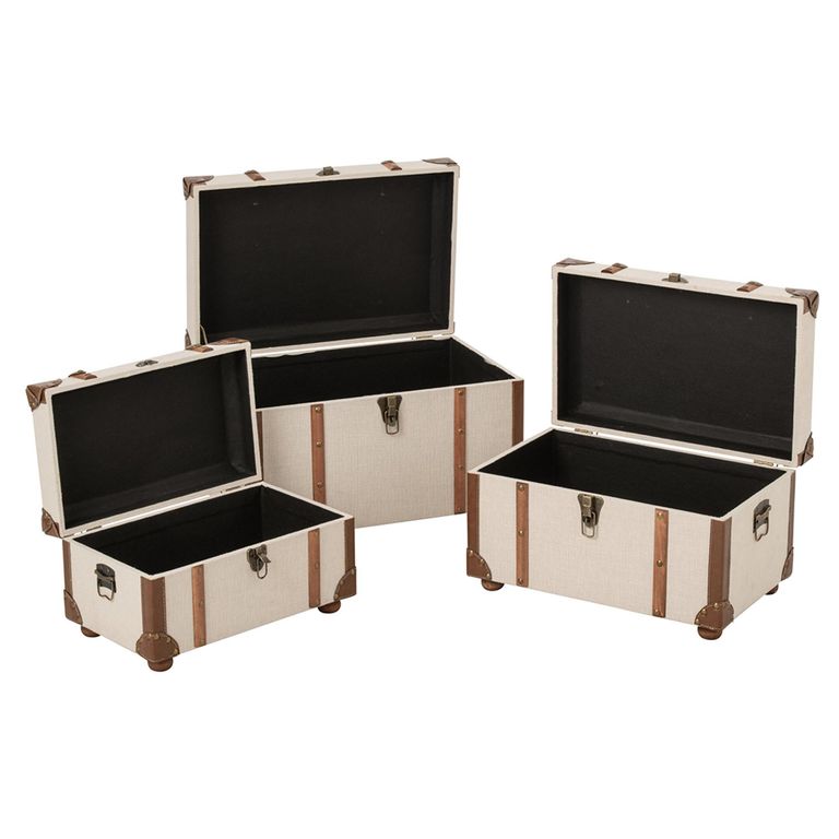 Storage Trunk - Set of 3 - Ecru and Brown - Wood