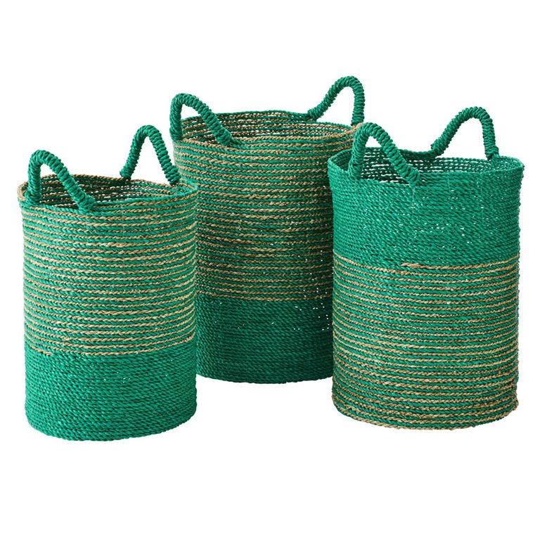 Striped Basket - Set of 3 - Round - Natural and Dark Green - Raffia