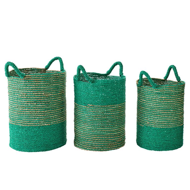 Striped Basket - Set of 3 - Round - Natural and Dark Green - Raffia