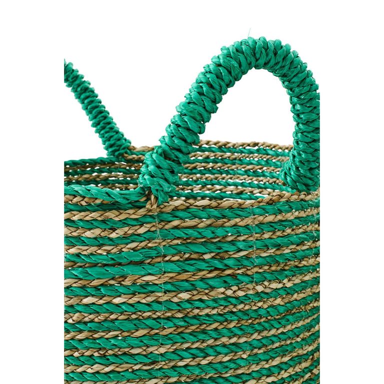 Striped Basket - Set of 3 - Round - Natural and Dark Green - Raffia