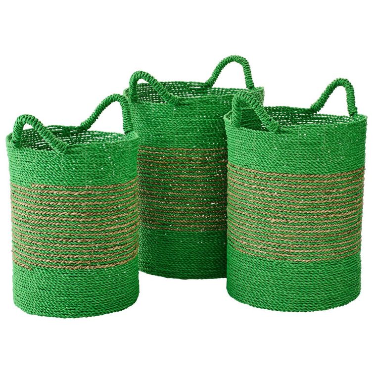 Striped Basket - Set of 3 - Round - Natural and Green - Raffia
