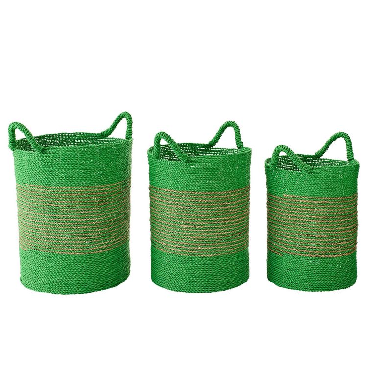 Striped Basket - Set of 3 - Round - Natural and Green - Raffia