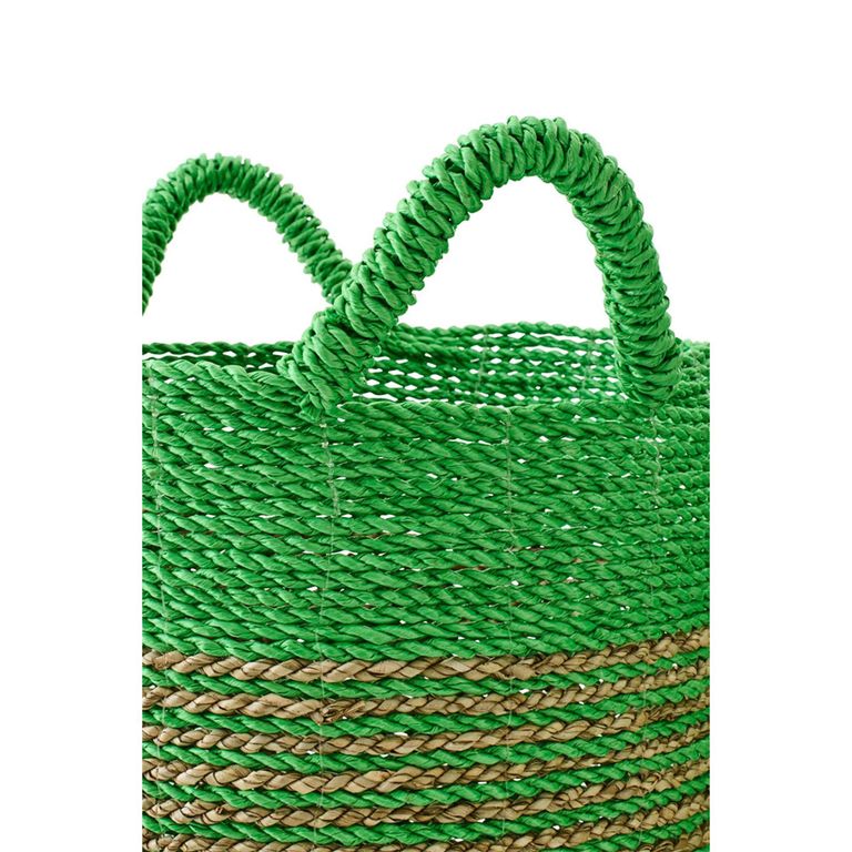 Striped Basket - Set of 3 - Round - Natural and Green - Raffia