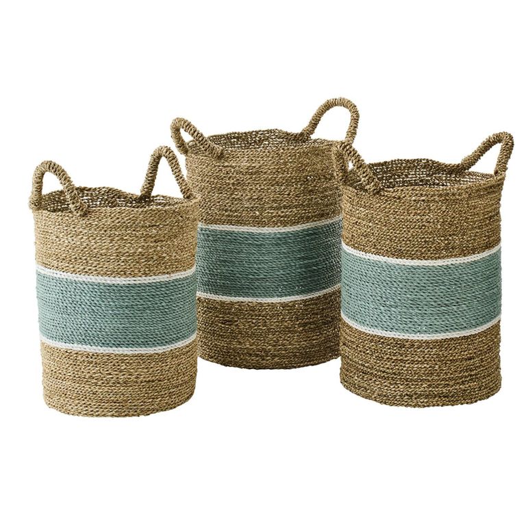 Striped Basket - Set of 3 - Round - Natural and Turquoise Blue - Seagrass
