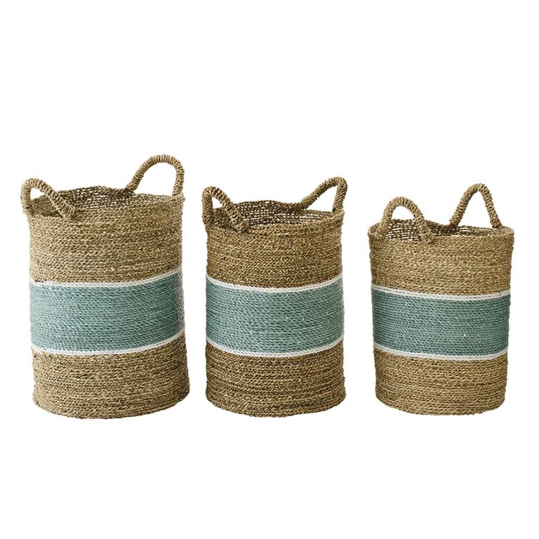 Striped Basket - Set of 3 - Round - Natural and Turquoise Blue - Seagrass