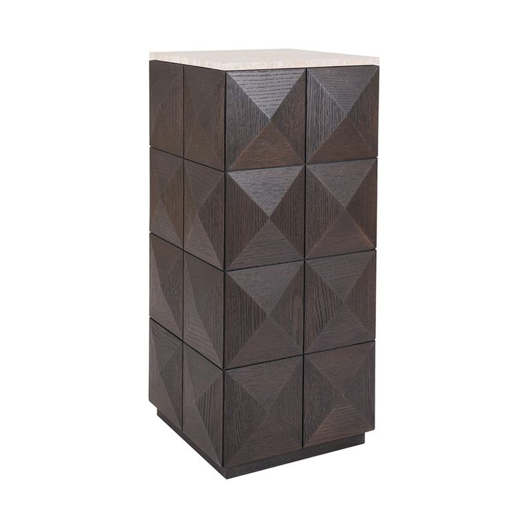Claremont Dark Wood Geometric Pillar with Travertine Top