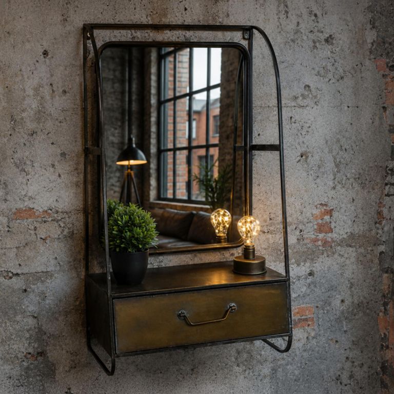 Brushed Metal 1 Drawer Wall Unit with Mirror