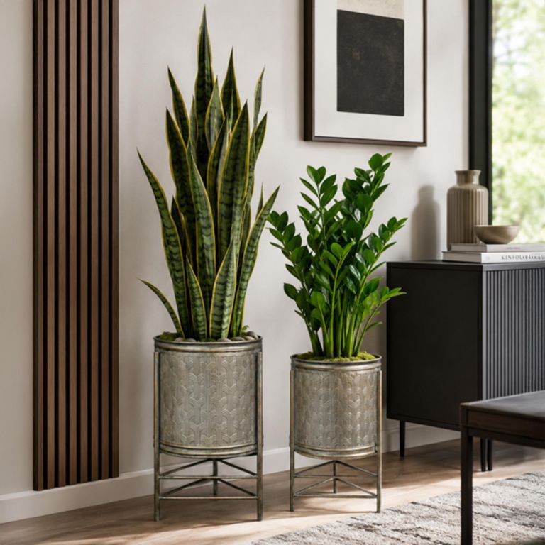 Set of 2 Grey Metal Small Planter Stand