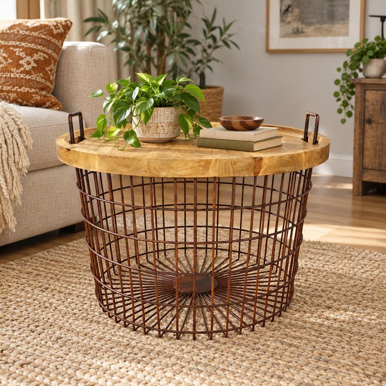 Brown Metal and Wood Rustic Basket with Wood Lid