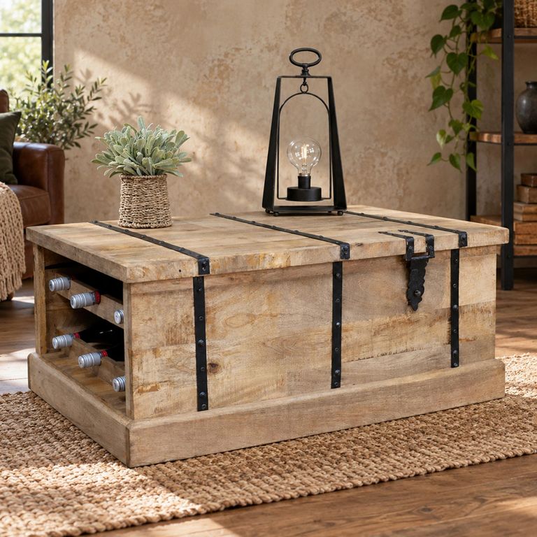 Brown Mango Wood Wine Bottle Storage Trunk