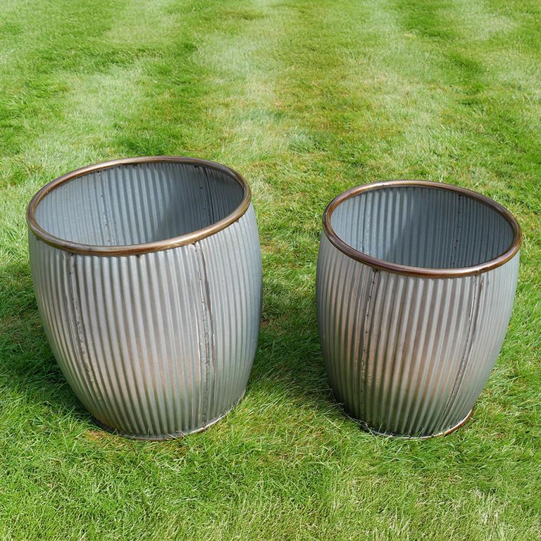 Garden Tub - Set of 2 - Grey Metal - Round - Small
