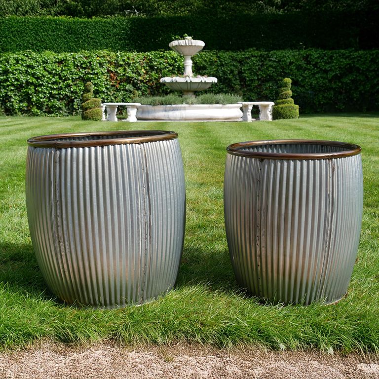 Garden Tub - Set of 2 - Grey Metal - Round - Small