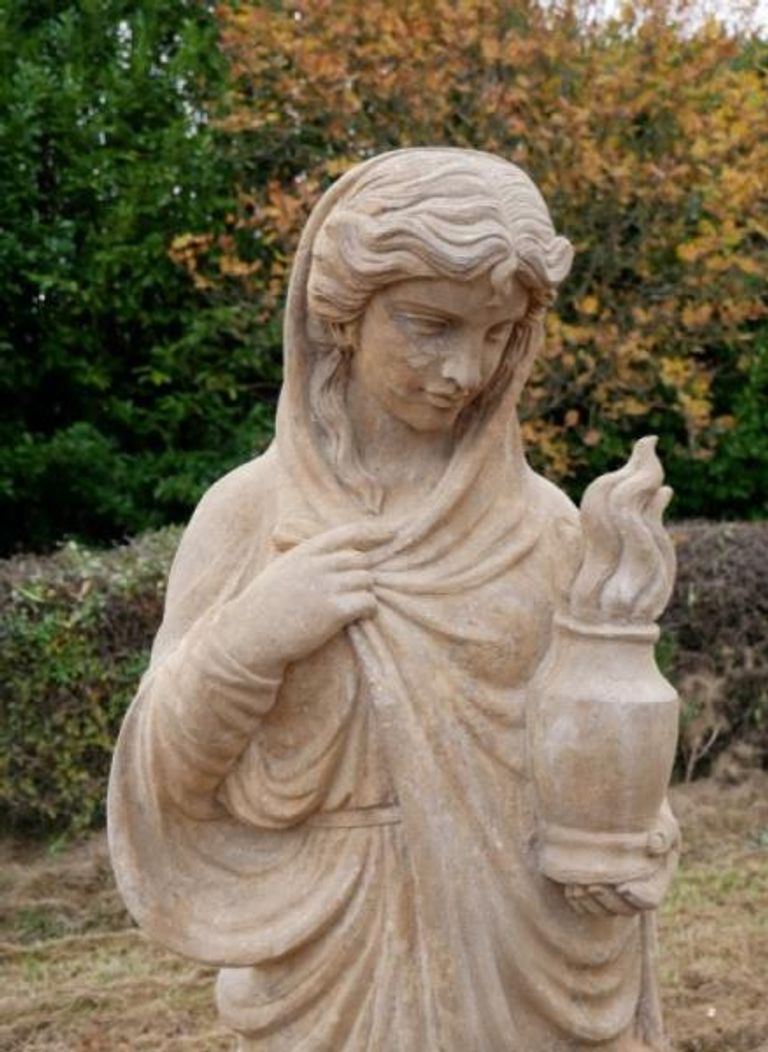 Statue - Hand Carved Stone Lady - with Garden Urn