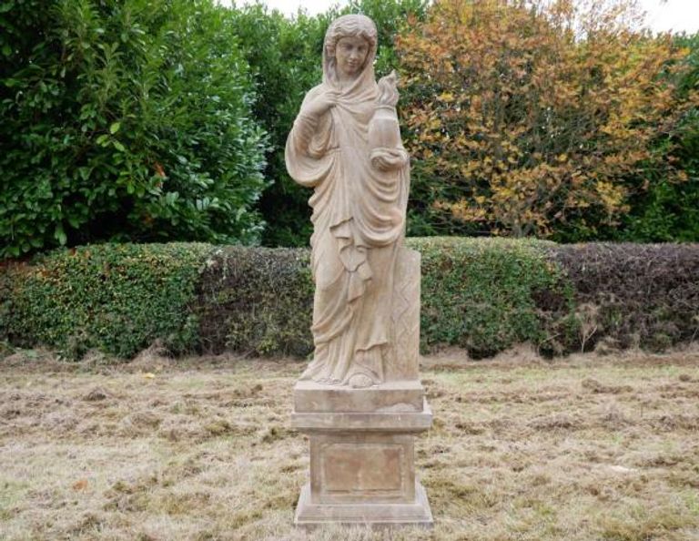 Statue - Hand Carved Stone Lady - with Garden Urn