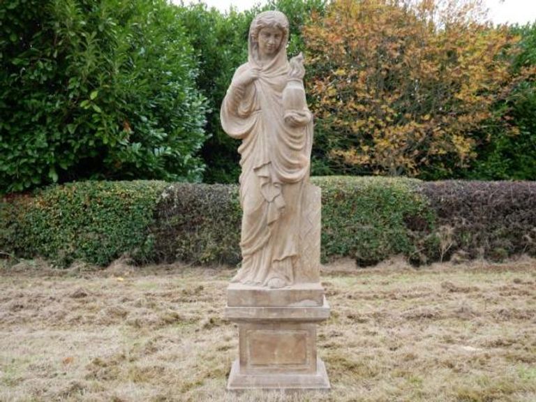 Statue - Hand Carved Stone Lady - with Garden Urn