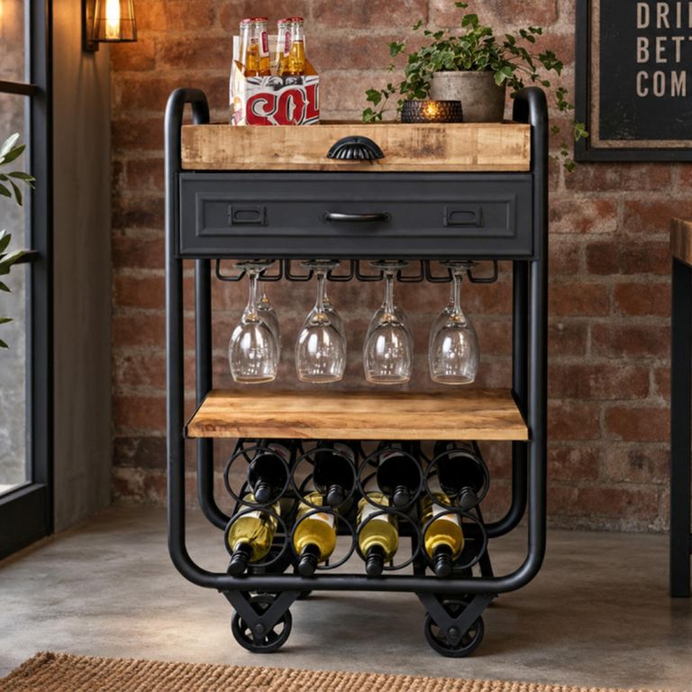 Black Metal Wine 1 Drawer Trolley