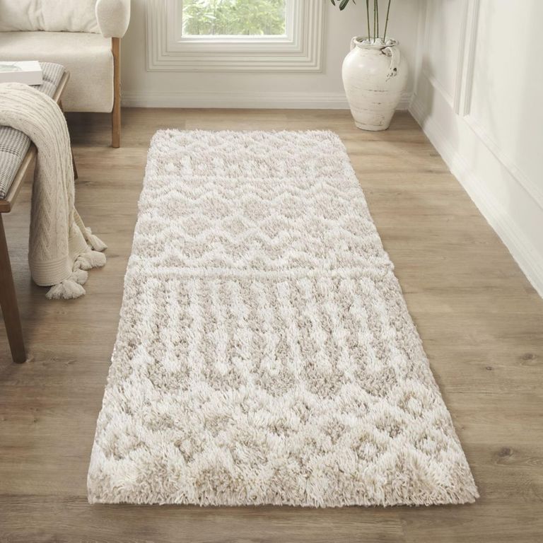 Urban Runner - Shaggy Geometric Plush Pile - Cream - 80cm x 220cm
