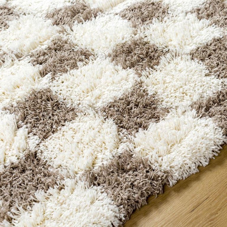 Urban Rug - Modern Shaggy - Cream and Brown Checkered - Sizes Available