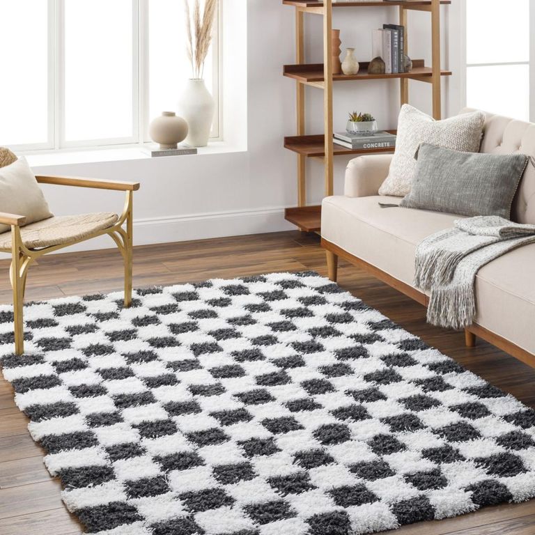 Urban Rug - Shaggy Modern Plush Pile - Black & White Checkered - Sizes Available