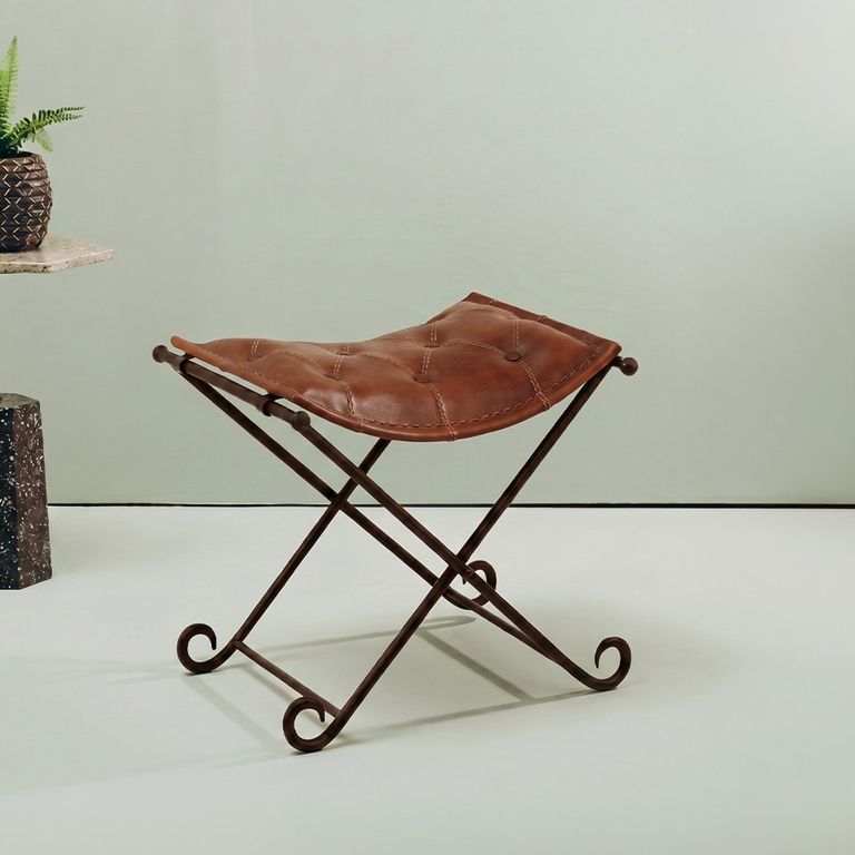 Buffalo Folding Stool - Tan - Leather with Metal