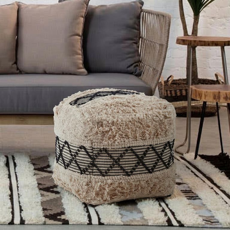 Cefena Pouffe - Black and White Fabric - Square - Shaggy