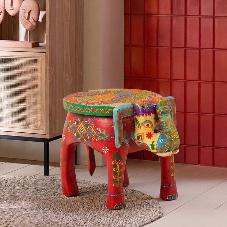 Delhi Elephant Painted Stool - Set of 2 - Multi Coloured - Mango Wood