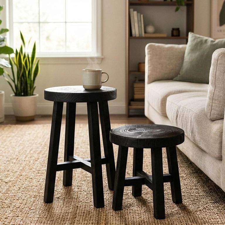 Paulownia Stool - Set of 2 - Round - Black - Wood