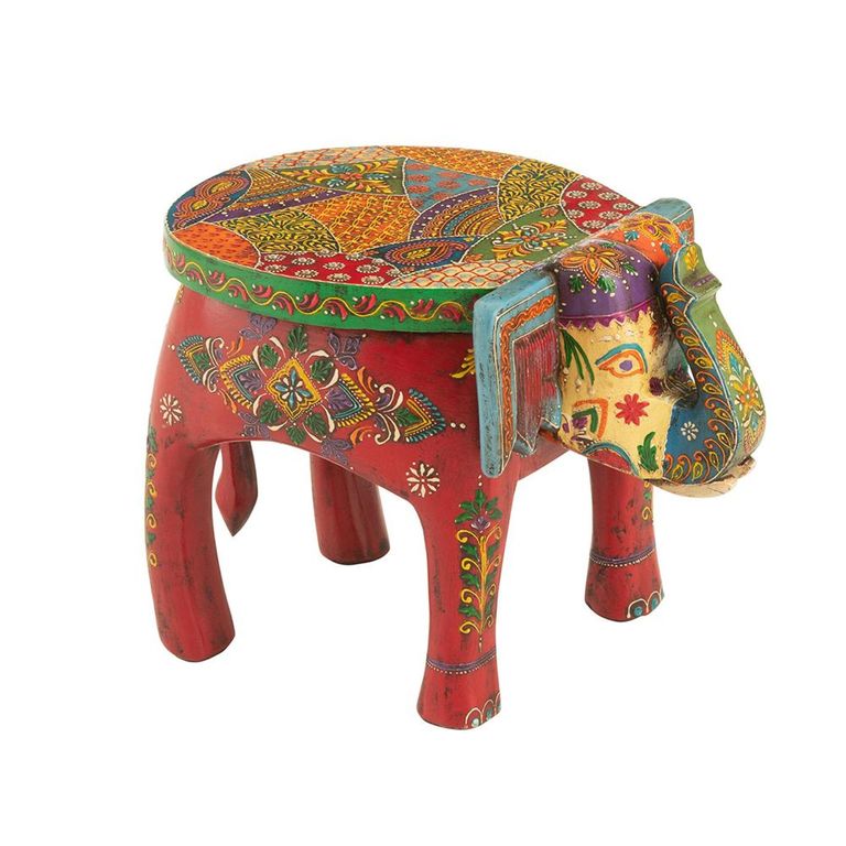 Delhi Elephant Painted Stool - Set of 2 - Multi Coloured - Mango Wood