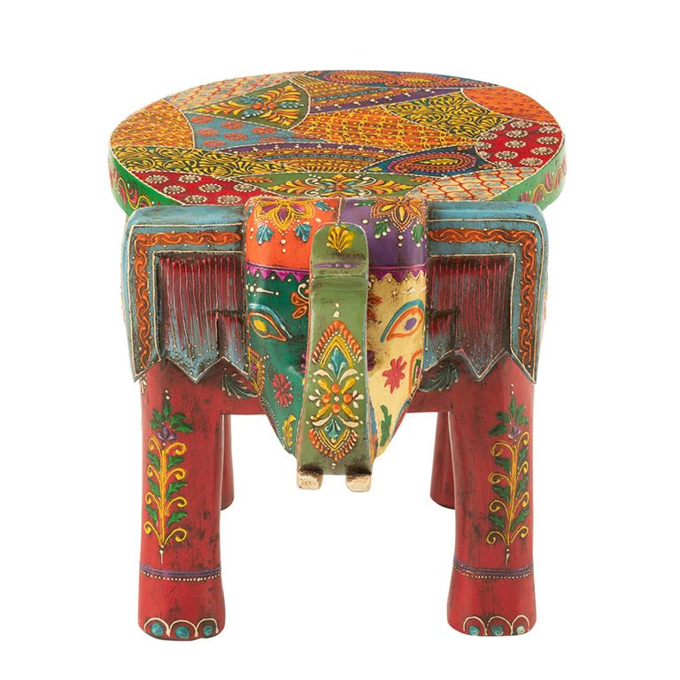 Delhi Elephant Painted Stool - Set of 2 - Multi Coloured - Mango Wood