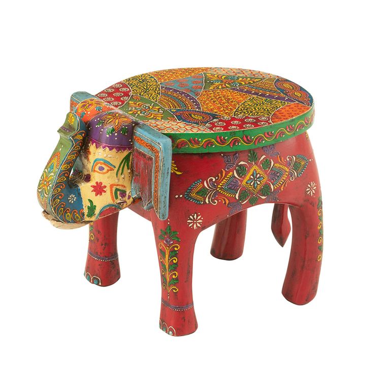 Delhi Elephant Painted Stool - Set of 2 - Multi Coloured - Mango Wood