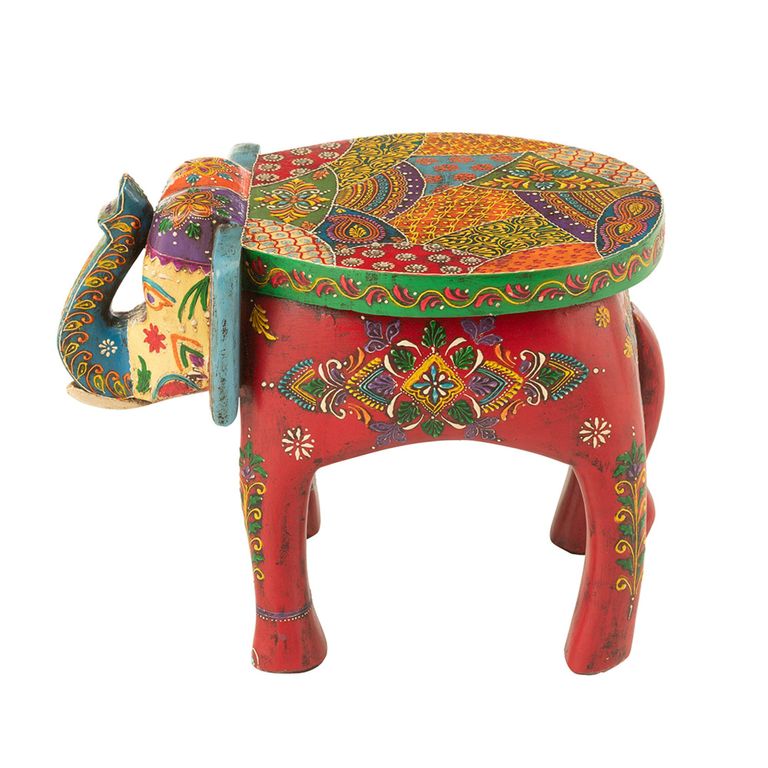 Delhi Elephant Painted Stool - Set of 2 - Multi Coloured - Mango Wood