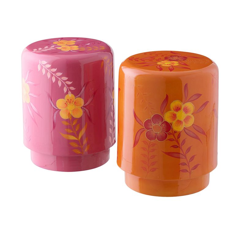 Flowers Stool - Set of 2 - Round - Pink and Orange - Metal