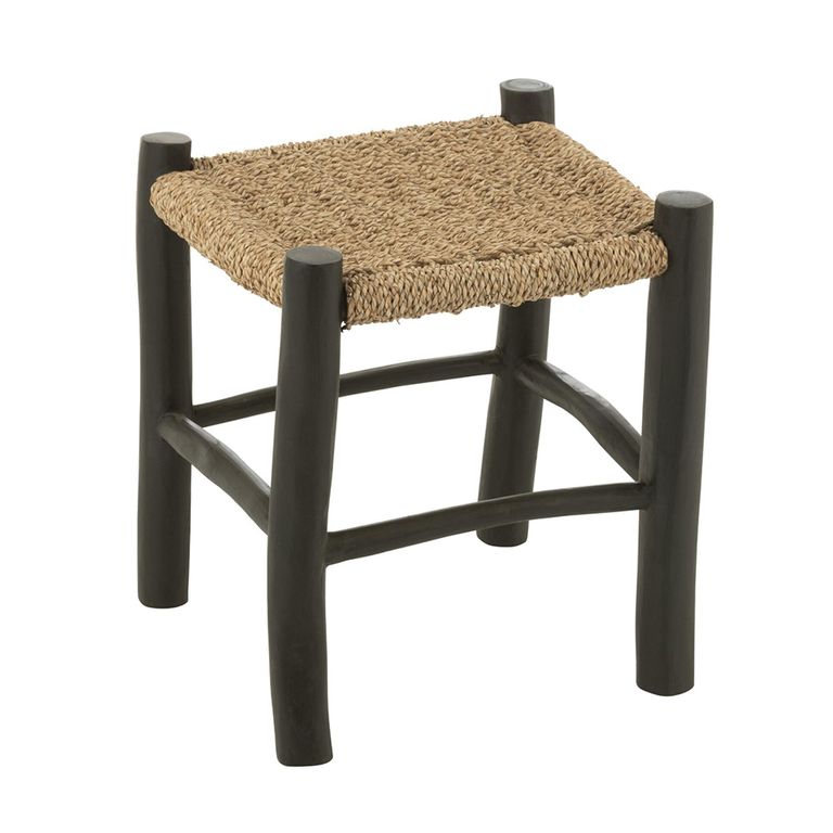 Stool - Set of 2 - Square - Natural and Black - Seagrass and Teak Wood
