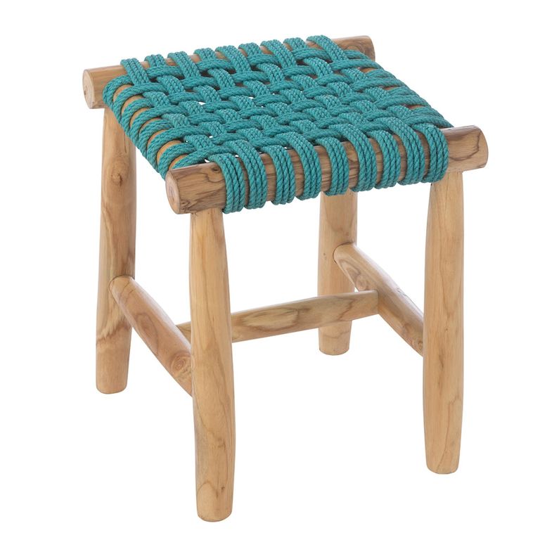 Stool - Square - Turquoise Blue - Teak Wood