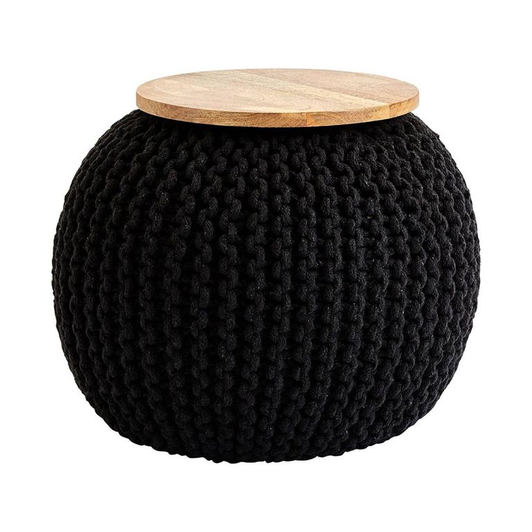 Fusion Pouffe - Mango Wood with Black Woven Round Design