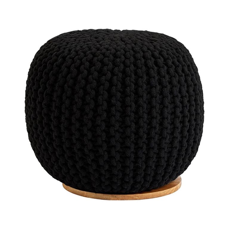 Fusion Pouffe - Mango Wood with Black Woven Round Design