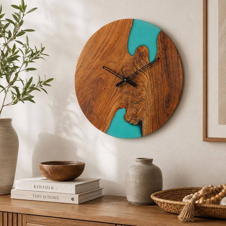 Modern Wall Clock - Round - Natural and Blue - Acacia Wood