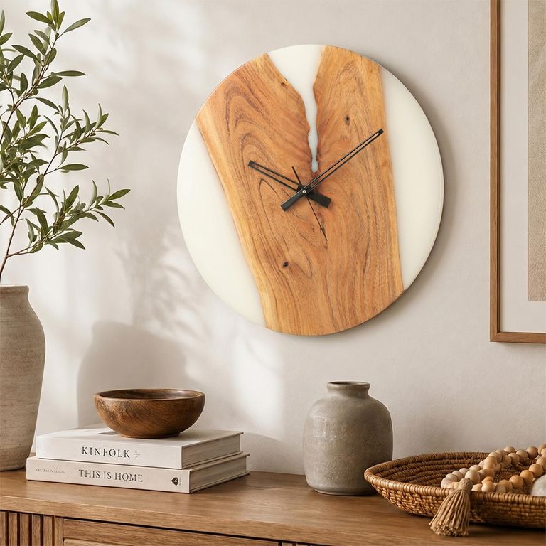 Modern Wall Clock - Round - Natural and White - Acacia Wood