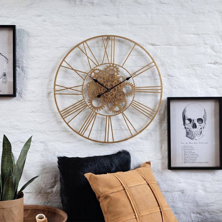 Roman Numerals Gears Wall Clock - Round - Gold - Metal