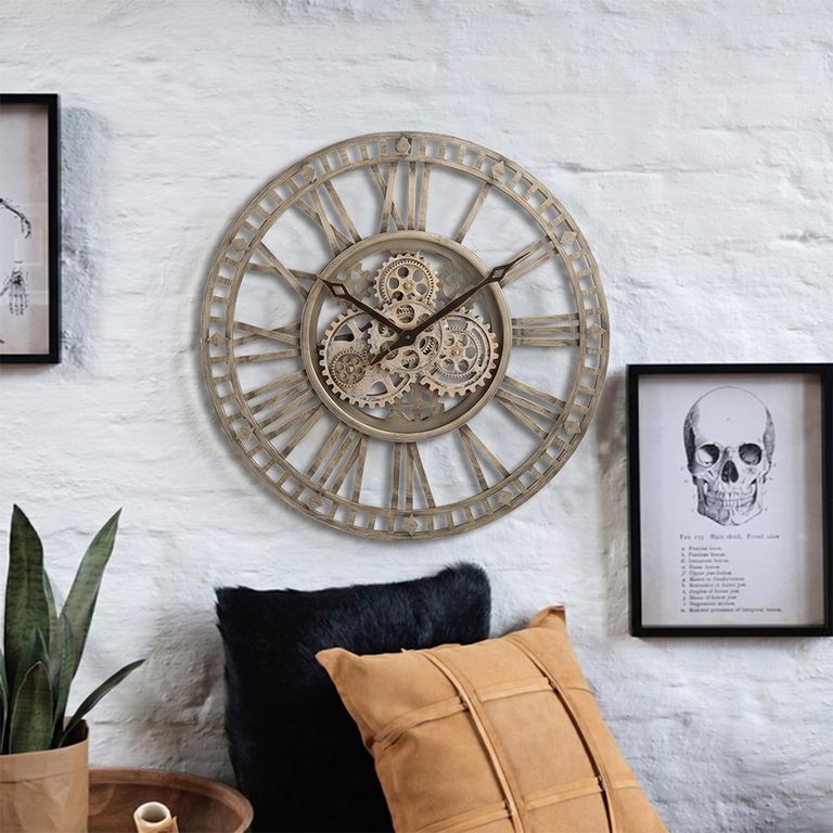 Roman Numerals Visible Mecanism Wall Clock - Round - Antique Gold - Metal